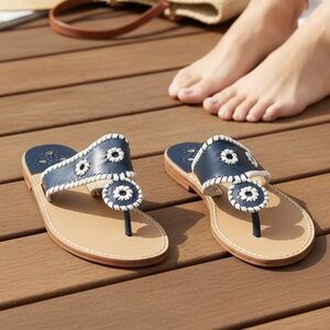 Jack Rogers Heritage Jacks II Flat Sandals Navy White Leather Size 9 NWOT